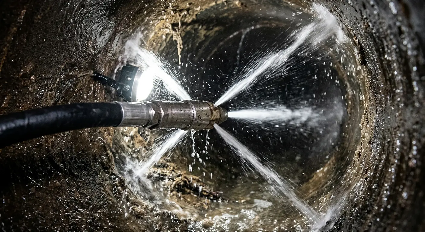 High-pressure hydro jetting nozzle cleaning sewer pipe for Emergency Drain Service in Manvel