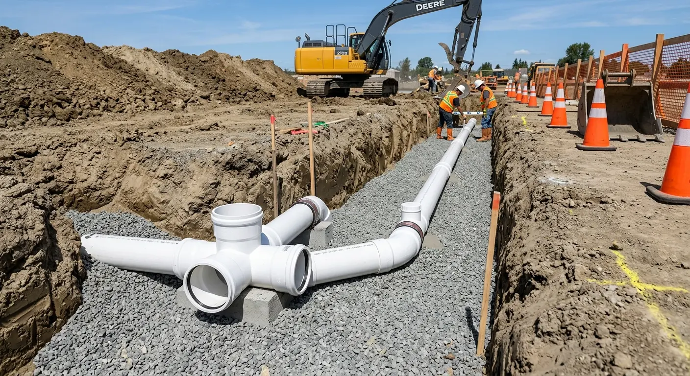 New PVC sewer pipe installation in open trench for Commercial Drain Cleaning in Manvel