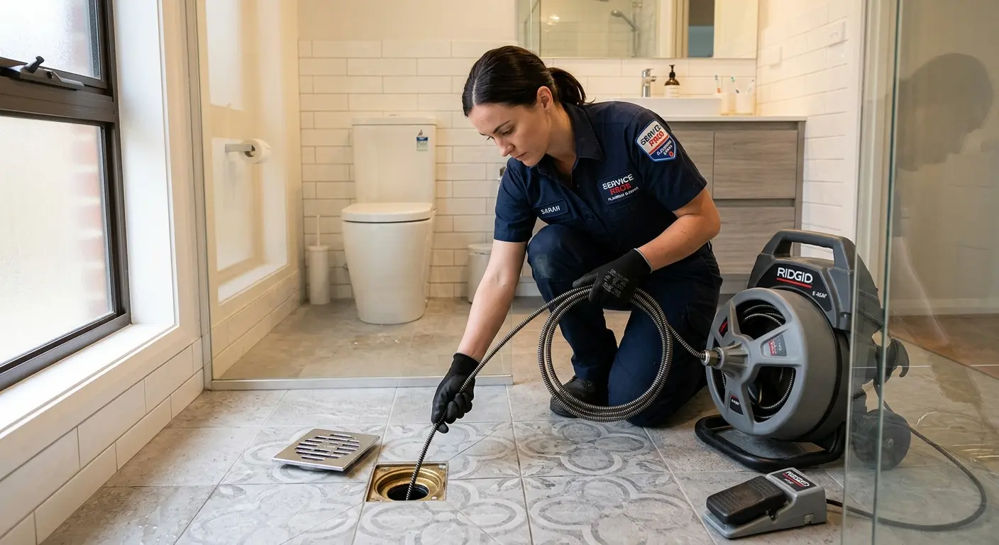 Technician clearing a bathroom floor drain for Clogged Drain Repair in Manvel